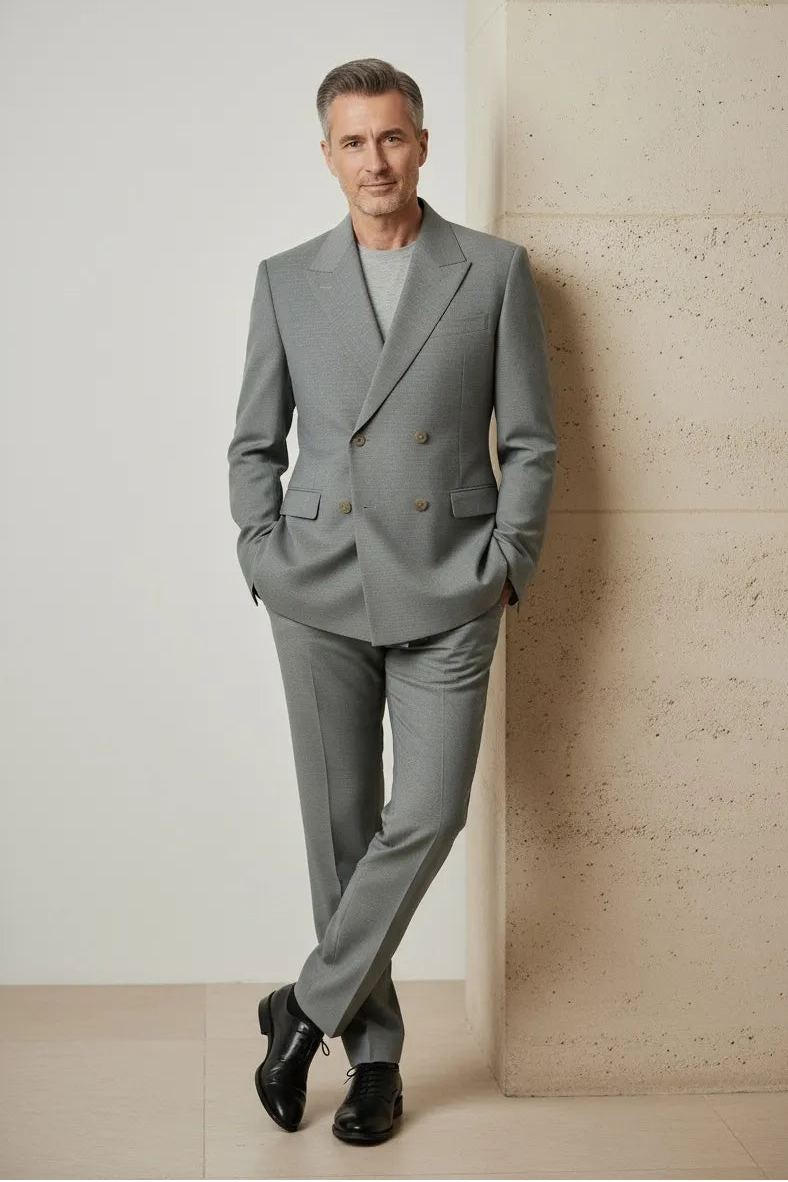 Men's Grey Double-breasted 2 Piece Suit