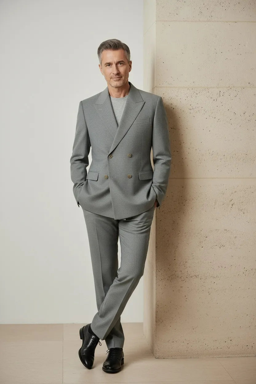 Men's Grey Double-breasted 2 Piece Suit