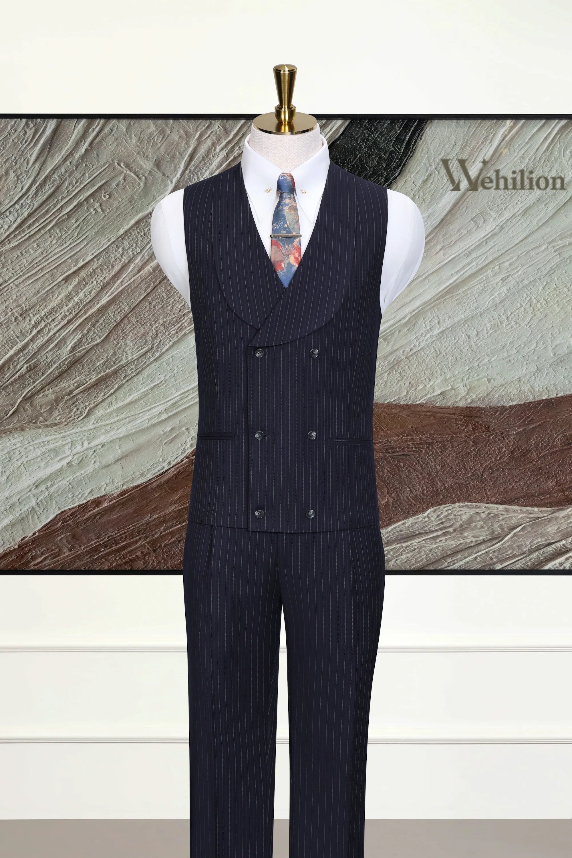 Men's Navy Business Stripe 3 Piece Suits