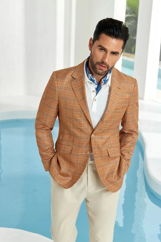 Men's Orange Slim Fit Plaid Blazer