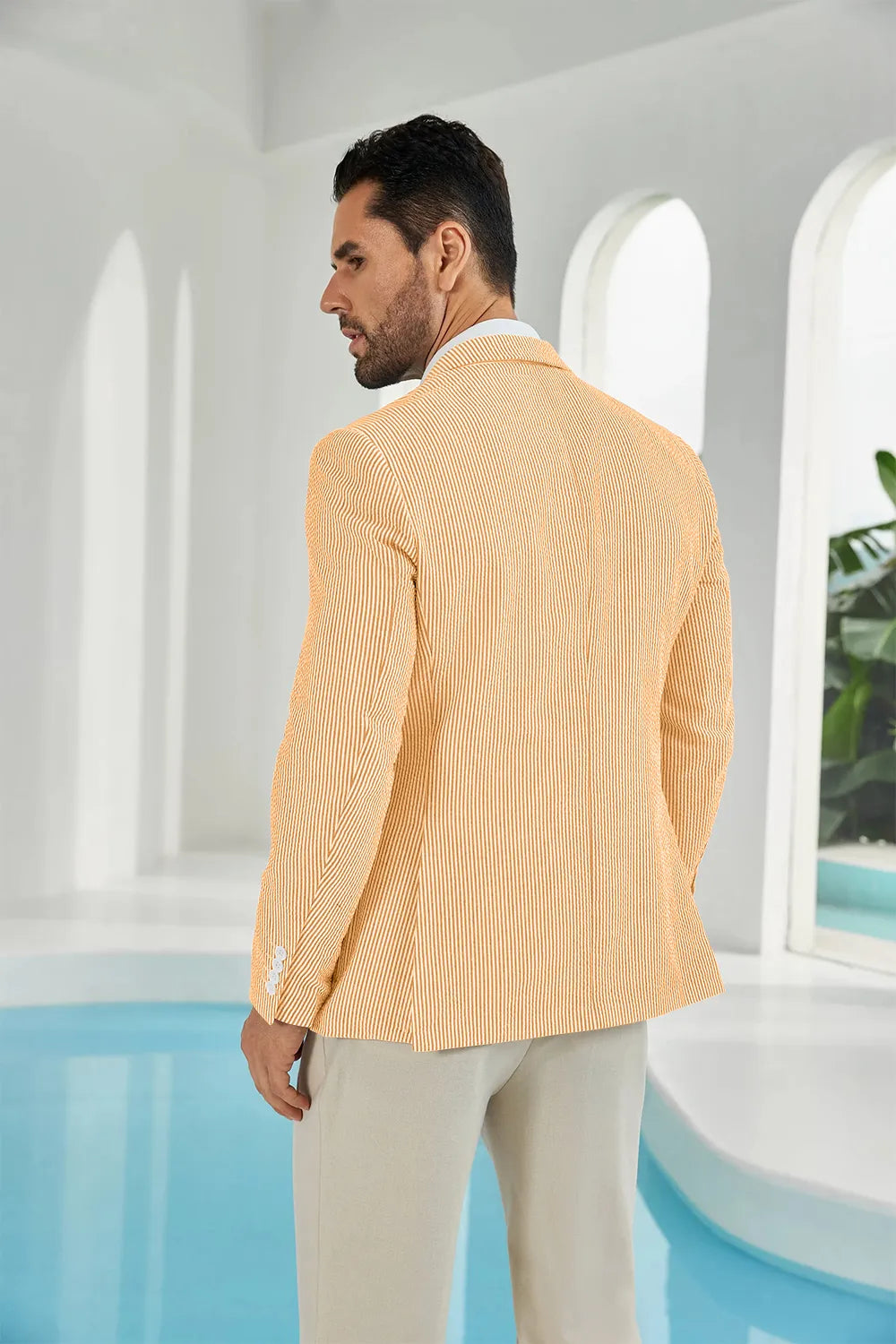 Orange-white seersucker striped men's summer blazer back display
