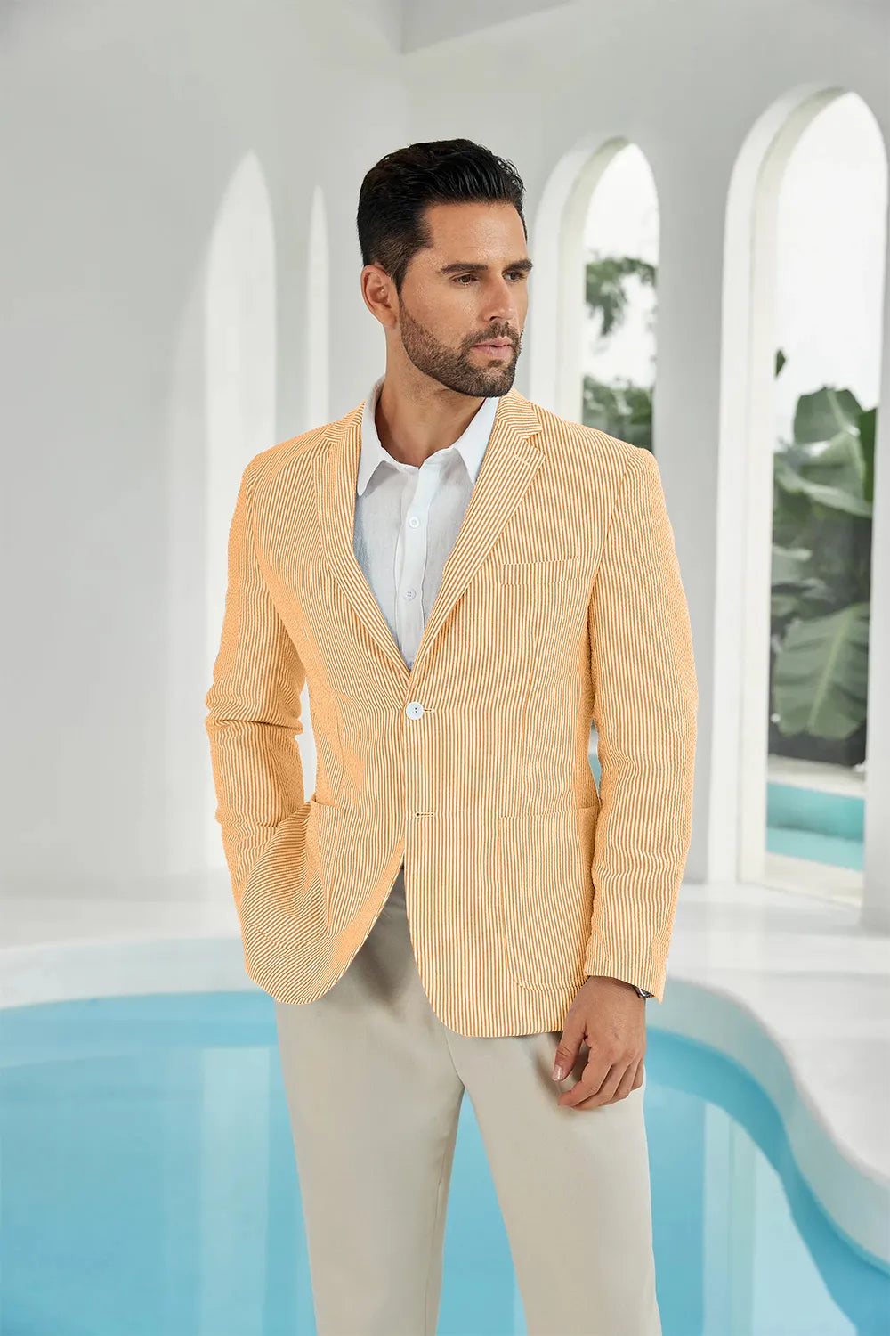 Orange-white seersucker striped men's summer blazer close up