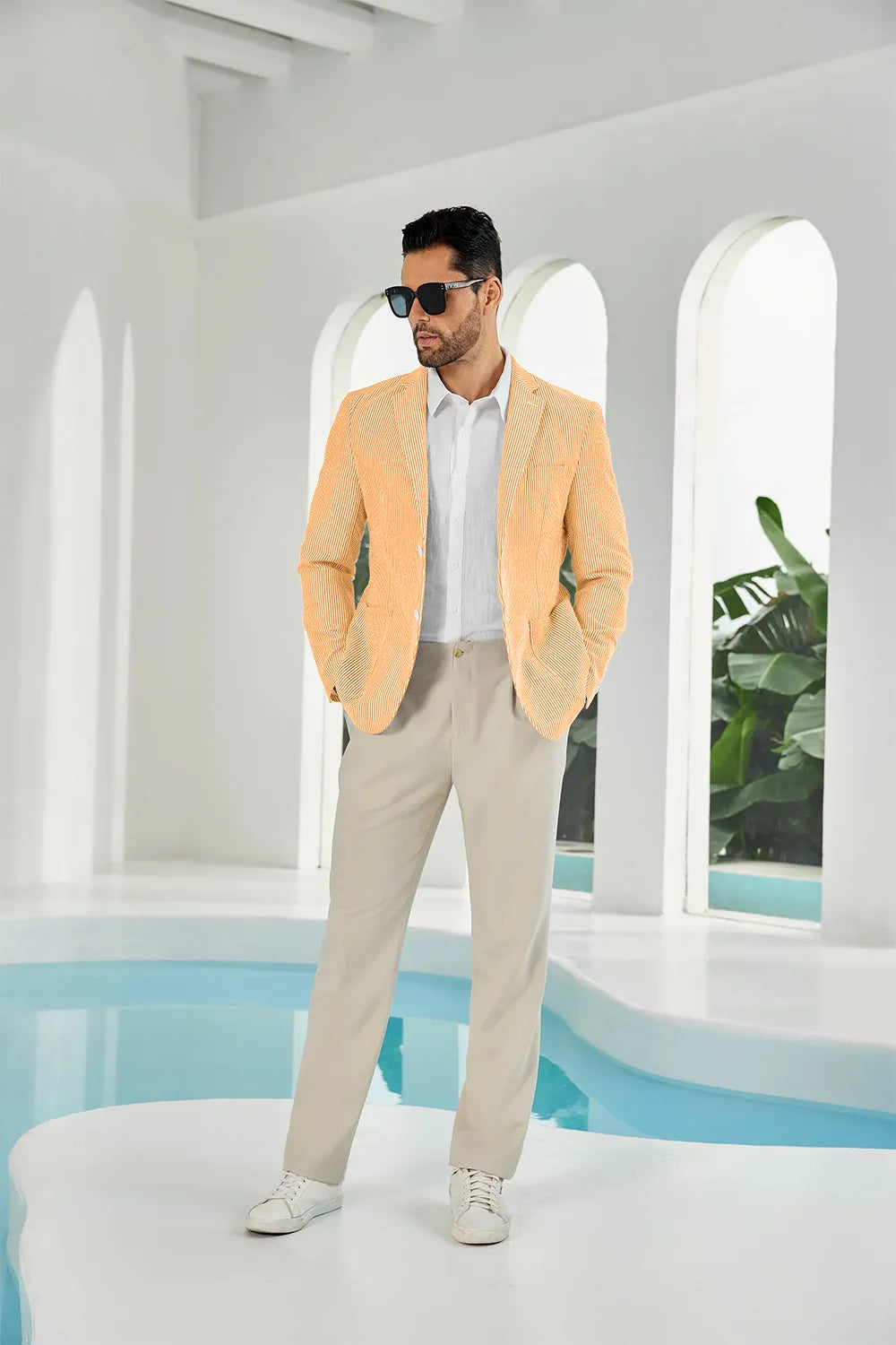 Orange-white seersucker striped men's summer blazer front display