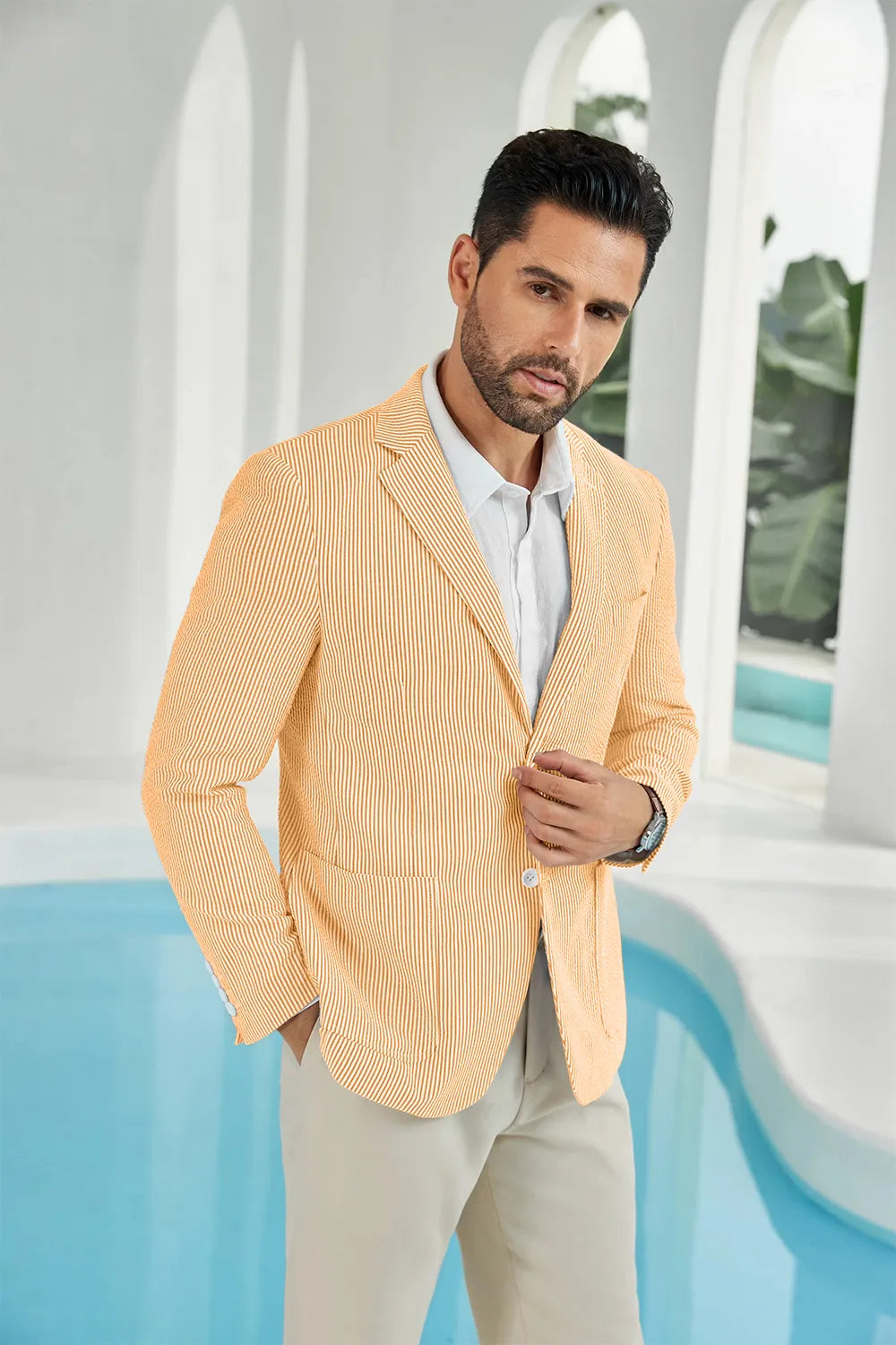 Orange-white seersucker striped men's summer blazer