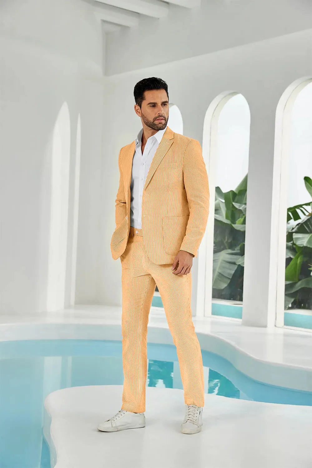 Orange-white seersucker striped blazer pants 2 piece men's summer suit upgrade version on model