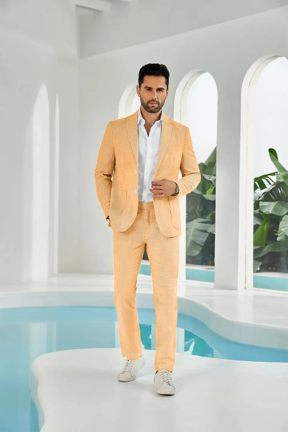 Orange-white seersucker striped blazer pants 2 piece men's summer suit upgrade version