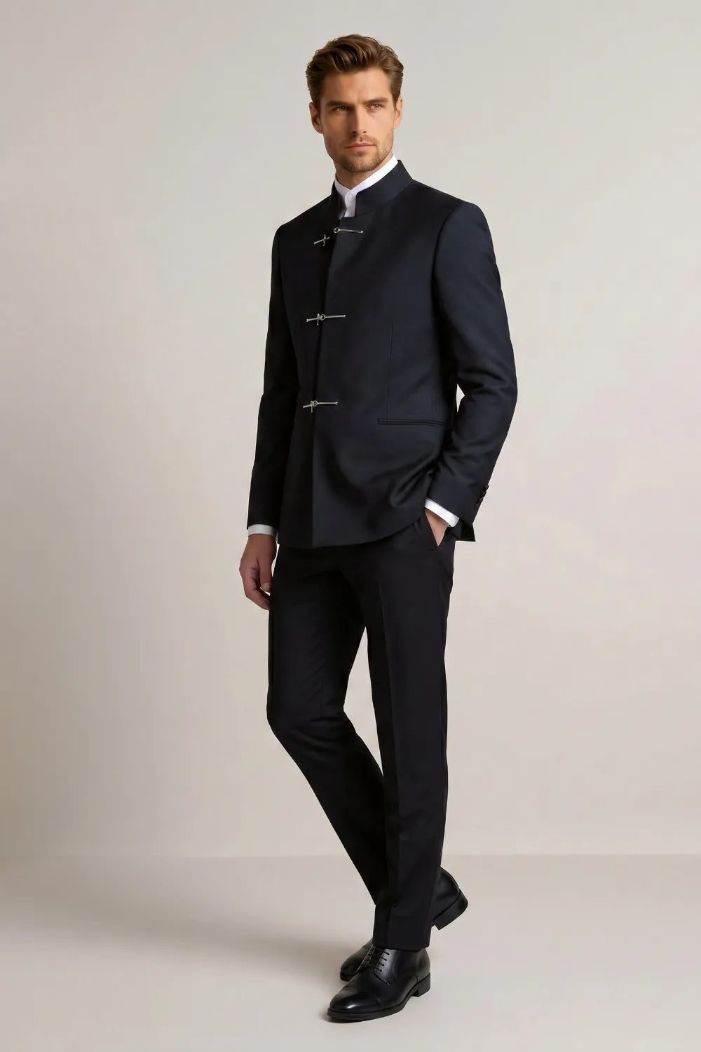 Men's Navy Blue Slim Fit Mandarin Collar Suit