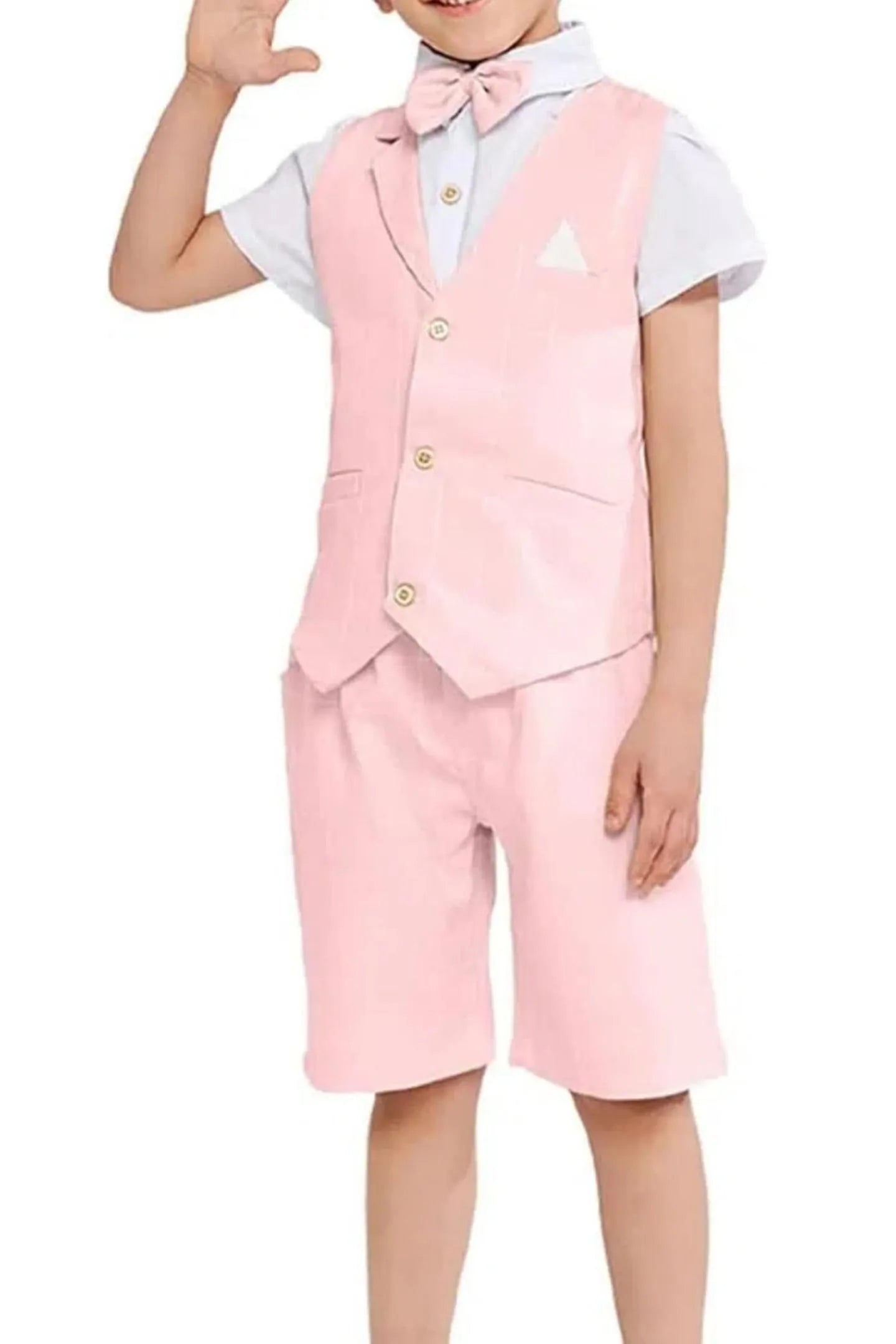 pink plaid boys 4 piece suit with vest, shorts, and bow tie for summer weddings or parties
