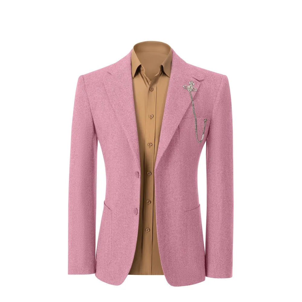 front view of pink herringbone wool 2 piece suit blazer – featuring tailored business winter fit with classic details