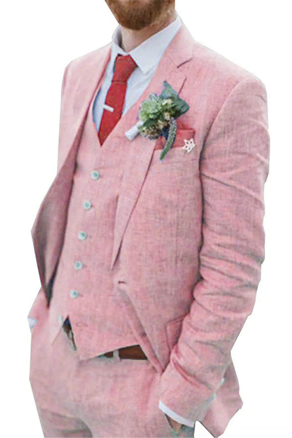 Close-up of men's pink linen 3 piece suit – summer wedding style with tailored blazer, buttoned vest, red tie and pocket square
