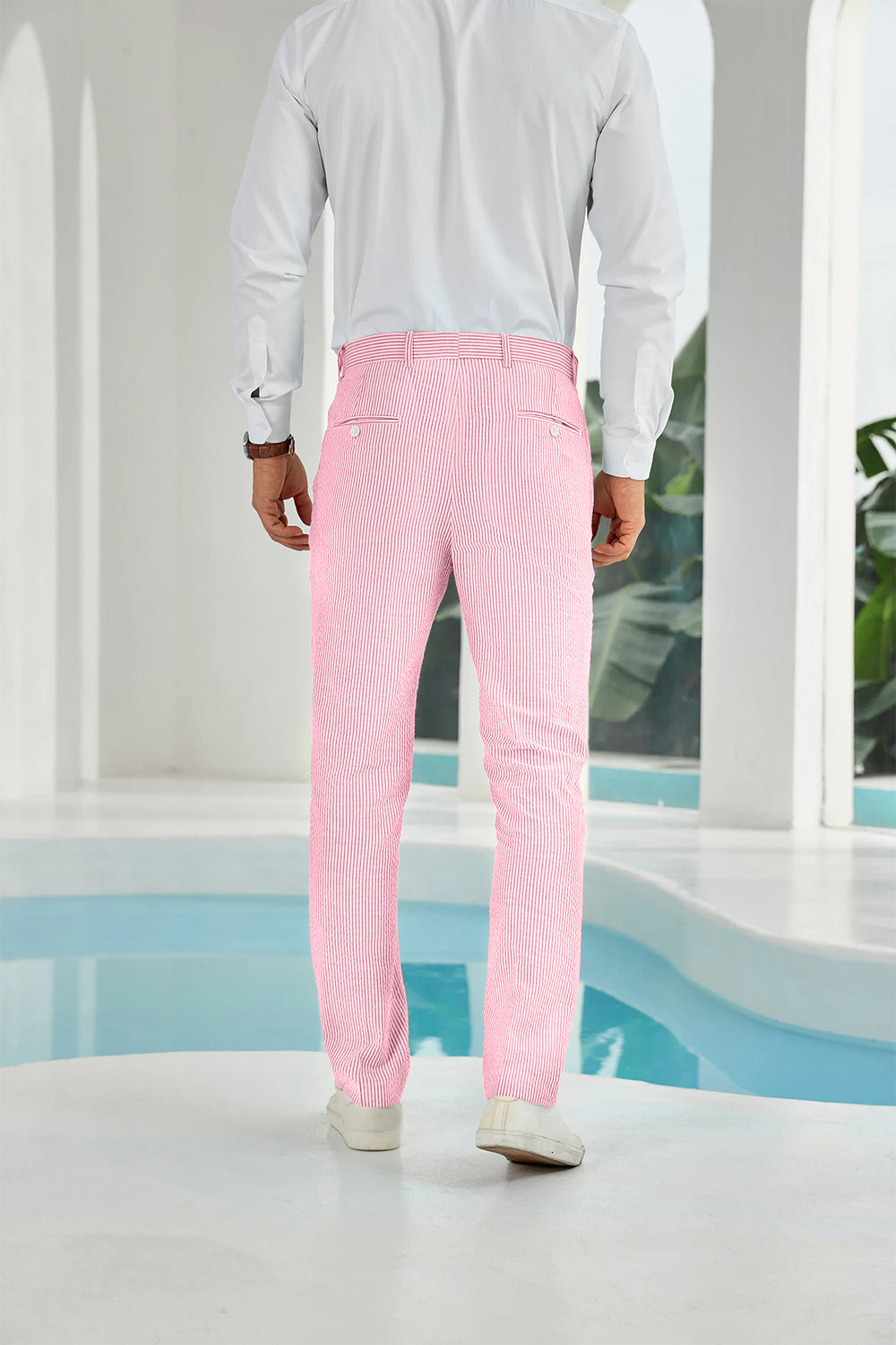Back view showing rear pockets on pink striped seersucker pants