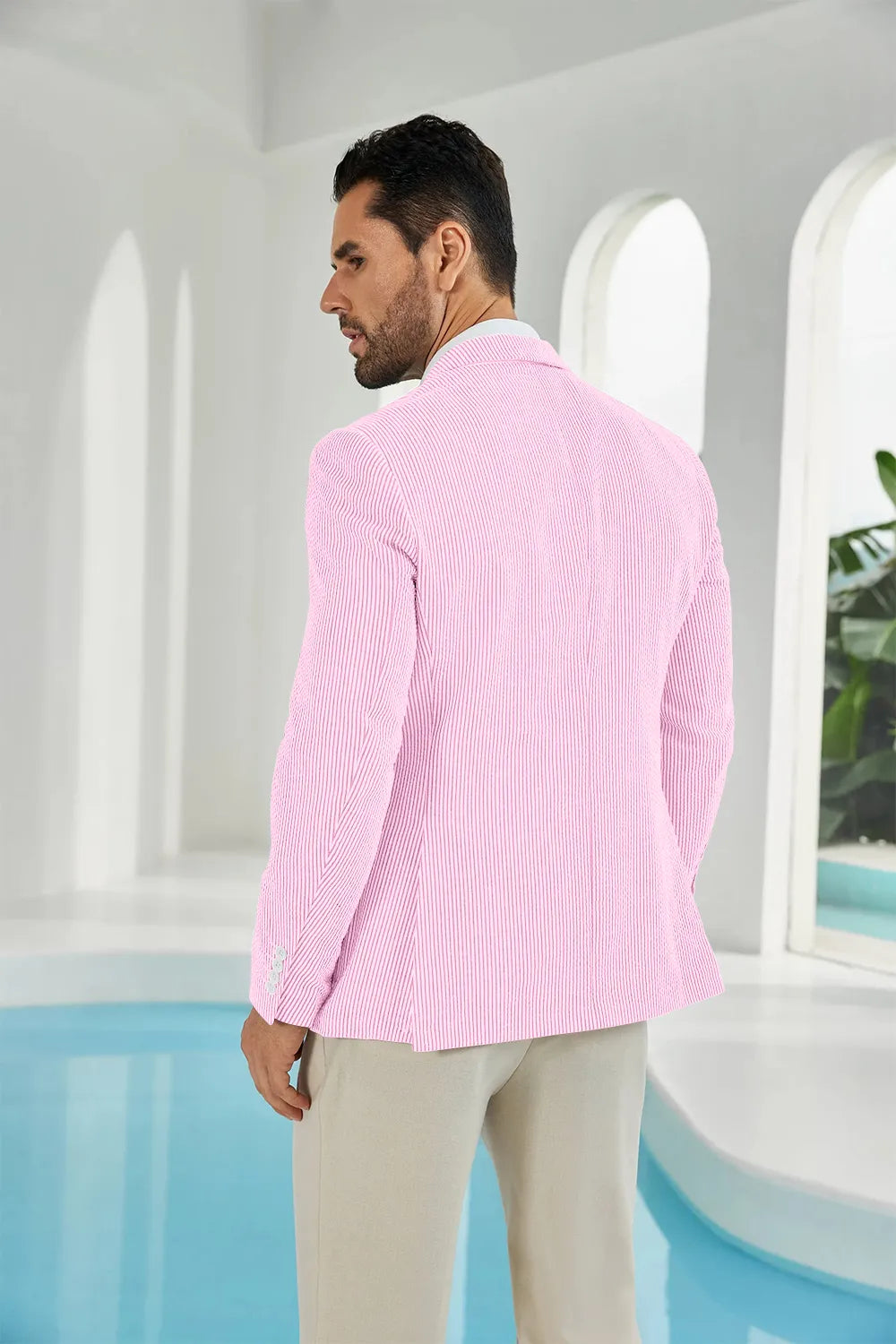 Pink-white seersucker striped men's summer blazer back display