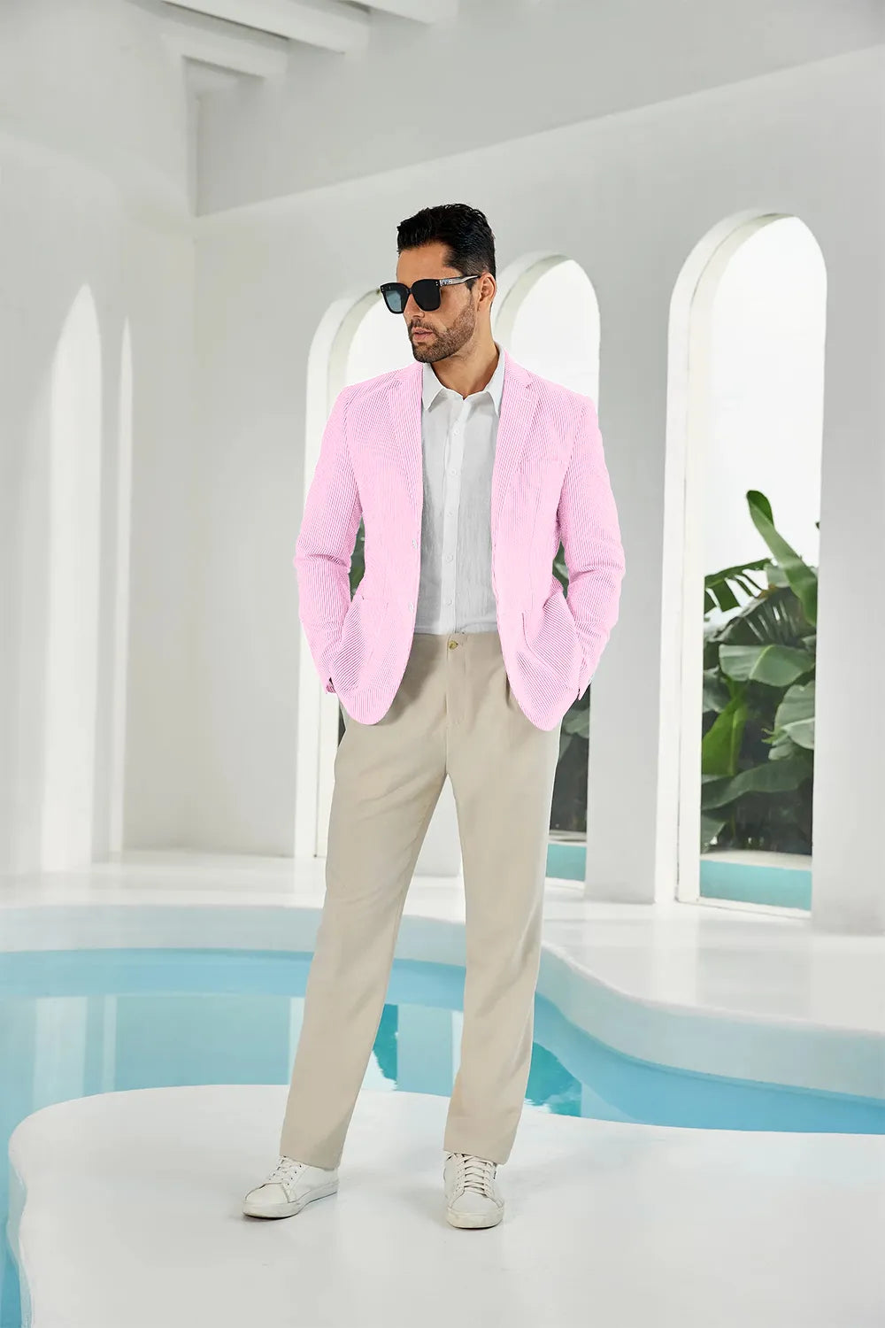 Pink-white seersucker striped men's summer blazer front display