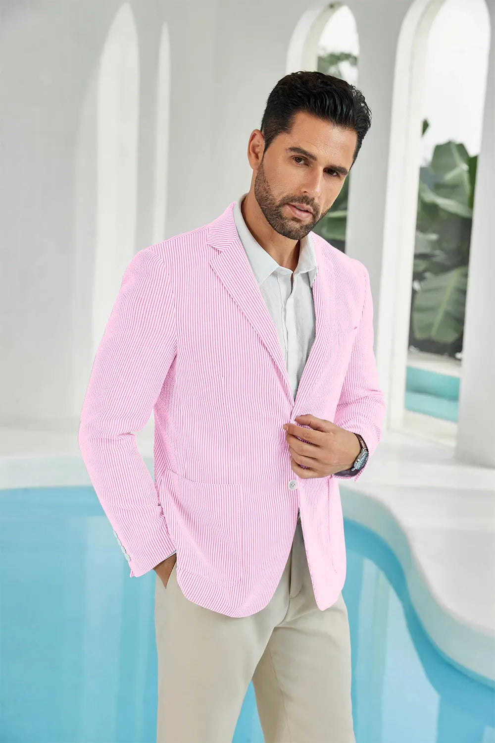 Pink-white seersucker striped men's summer blazer