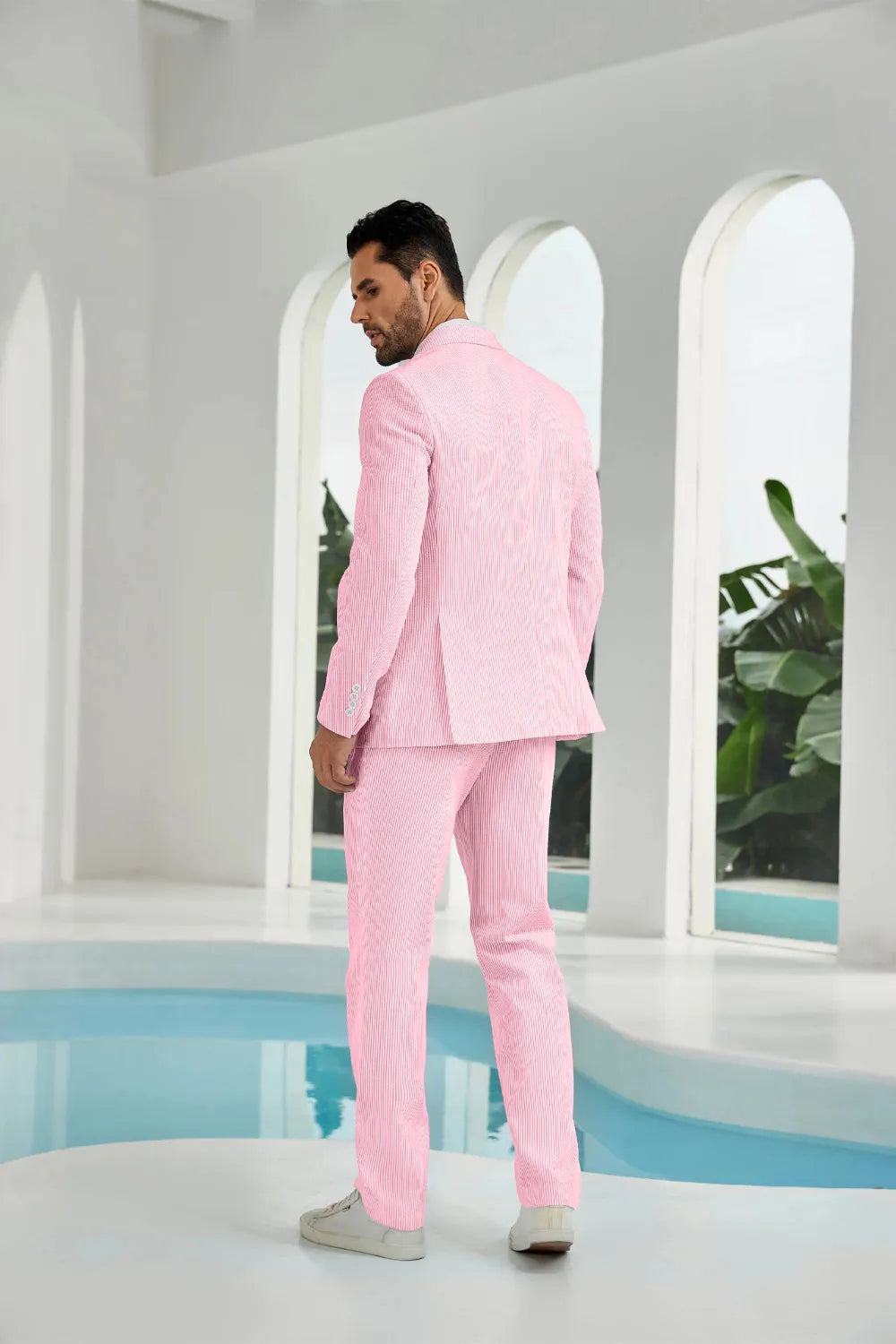 Pink-white seersucker striped blazer pants 2 piece men's summer suit upgrade version back display