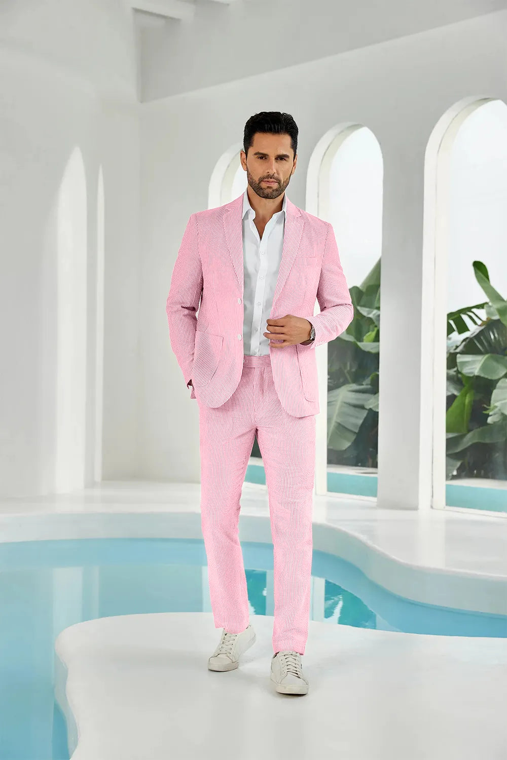 Pink-white seersucker striped blazer pants 2 piece men's summer suit upgrade version