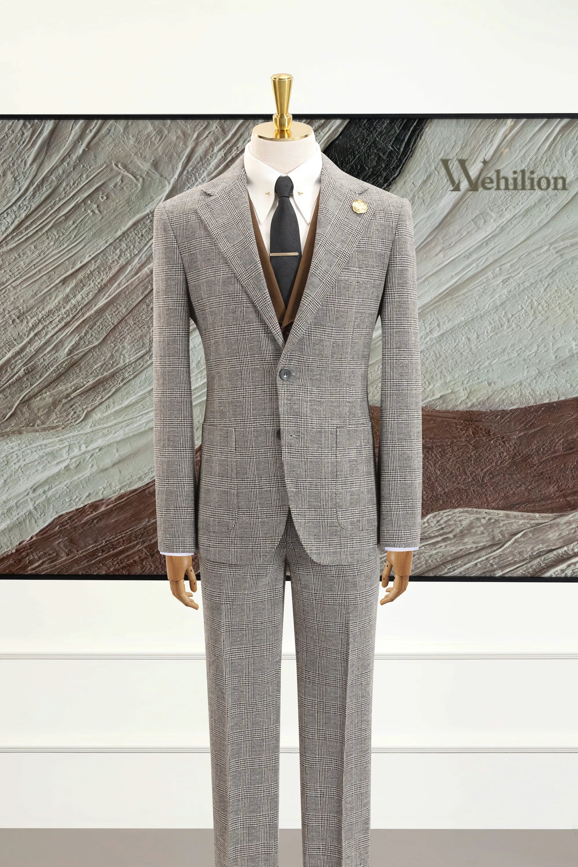 Men's Grey Plaid Woolen 2 Piece Suits