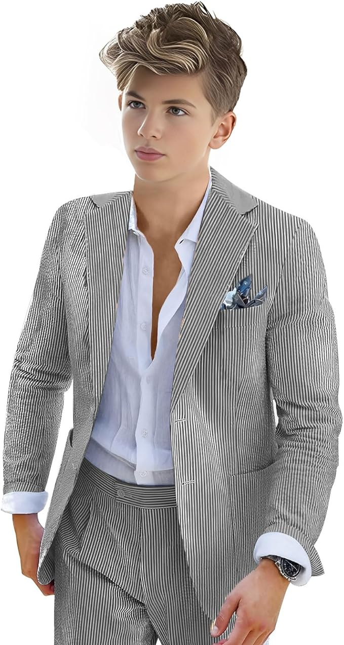 Boys Seersucker Tuxedo 2 Piece Suit