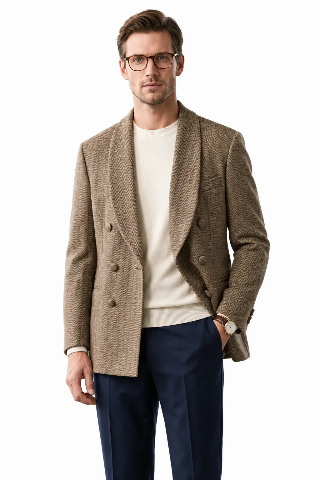 Men's Shawl Lapel Herringbone 2 Piece Suit