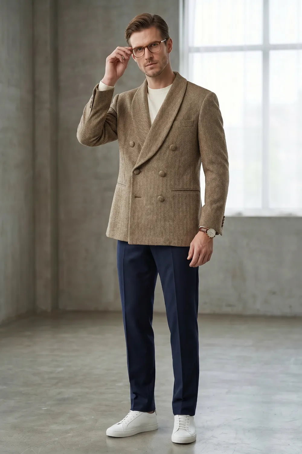 Men's Wide Peak Lapel Herringbone 2 Piece Suit