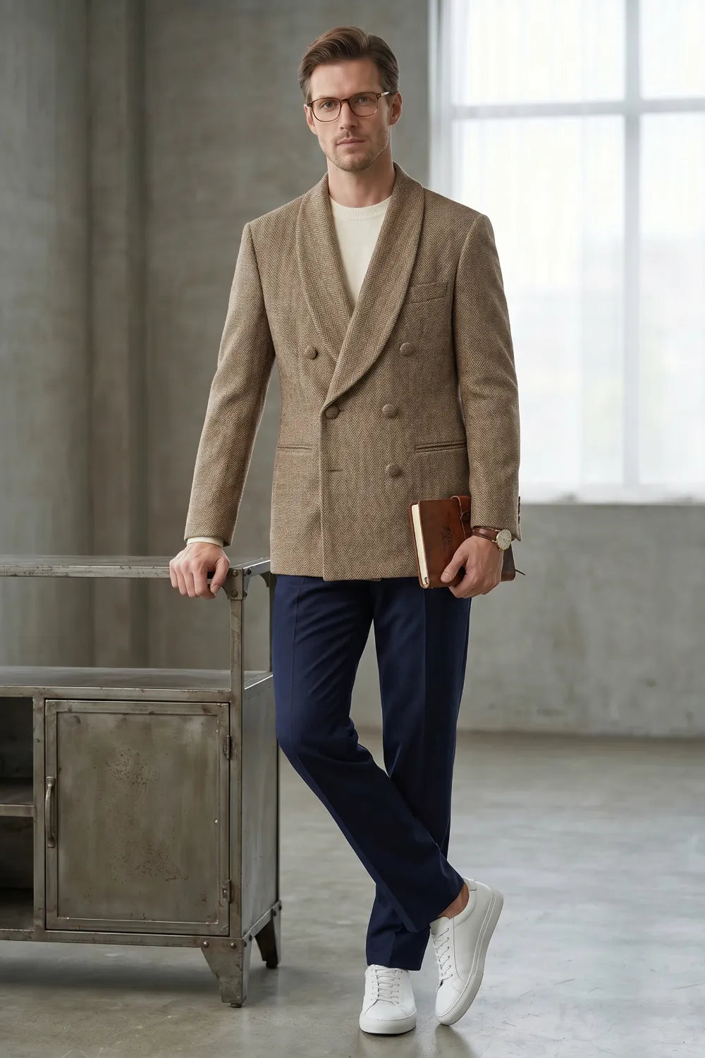 Men's Wide Peak Lapel Herringbone 2 Piece Suit