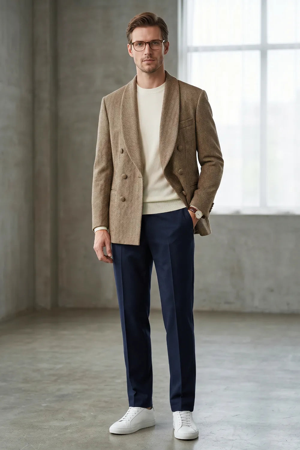 Men's Wide Peak Lapel Herringbone 2 Piece Suit
