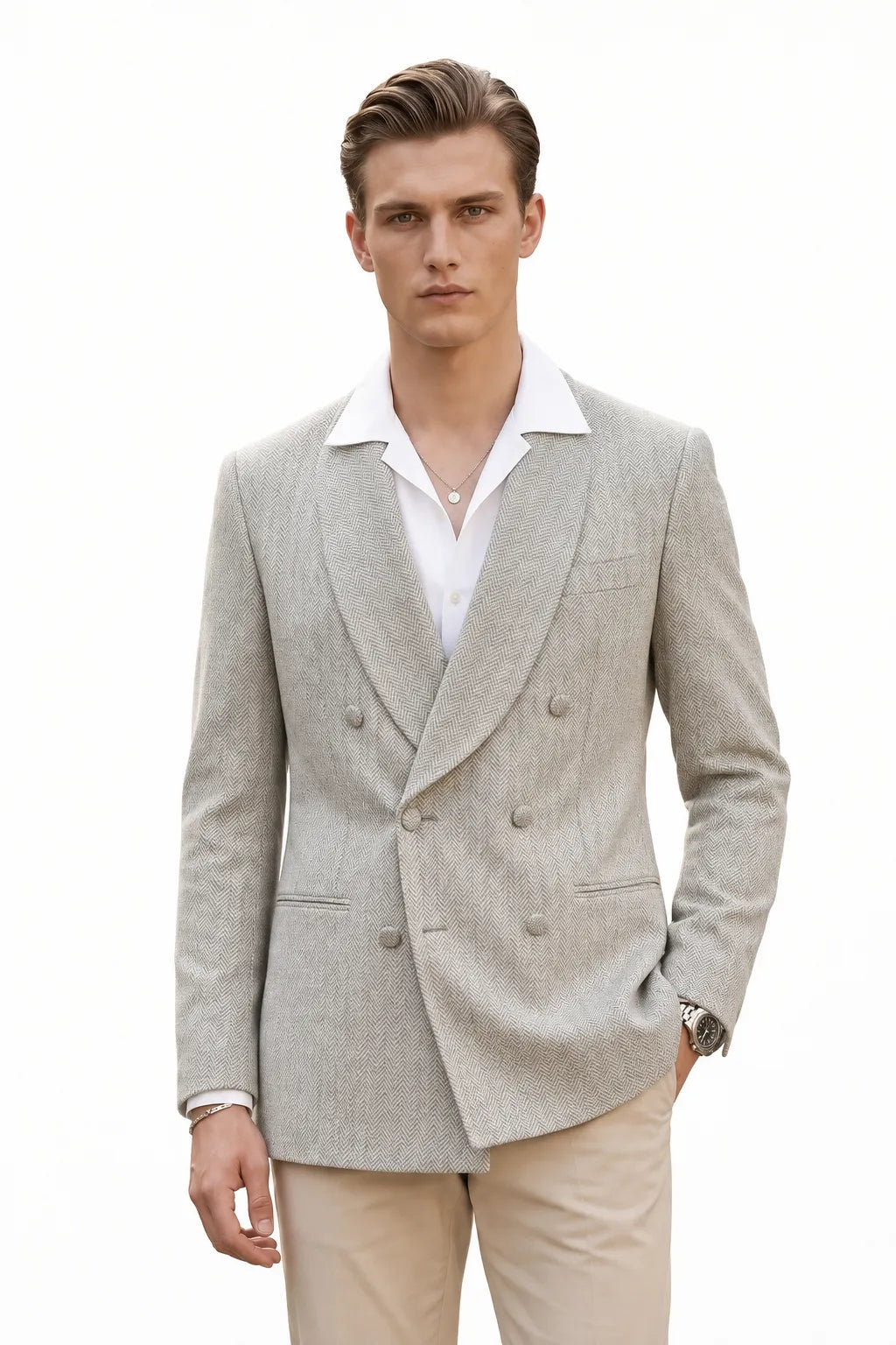 Men's Shawl Lapel Herringbone 2 Piece Suit