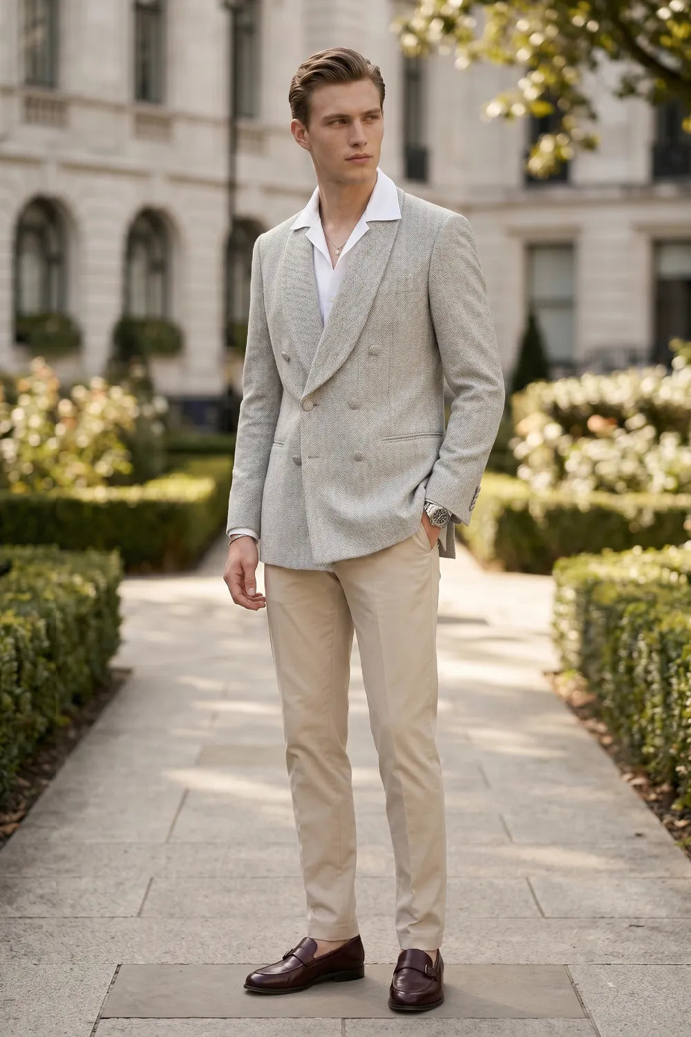 Men's Wide Peak Lapel Herringbone 2 Piece Suit