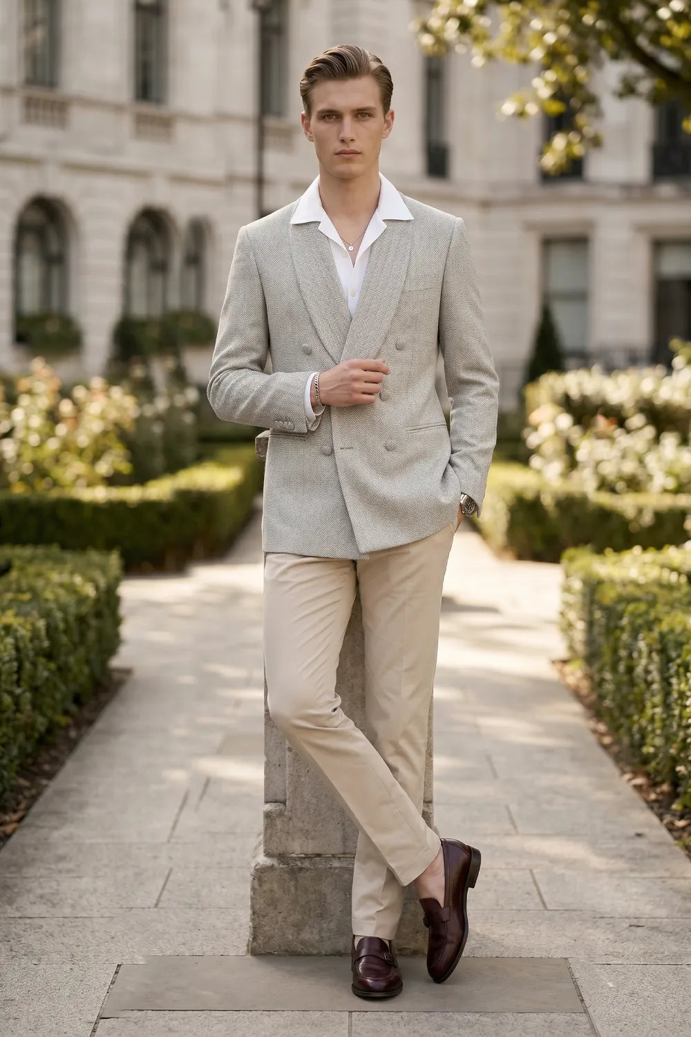 Men's Wide Peak Lapel Herringbone 2 Piece Suit