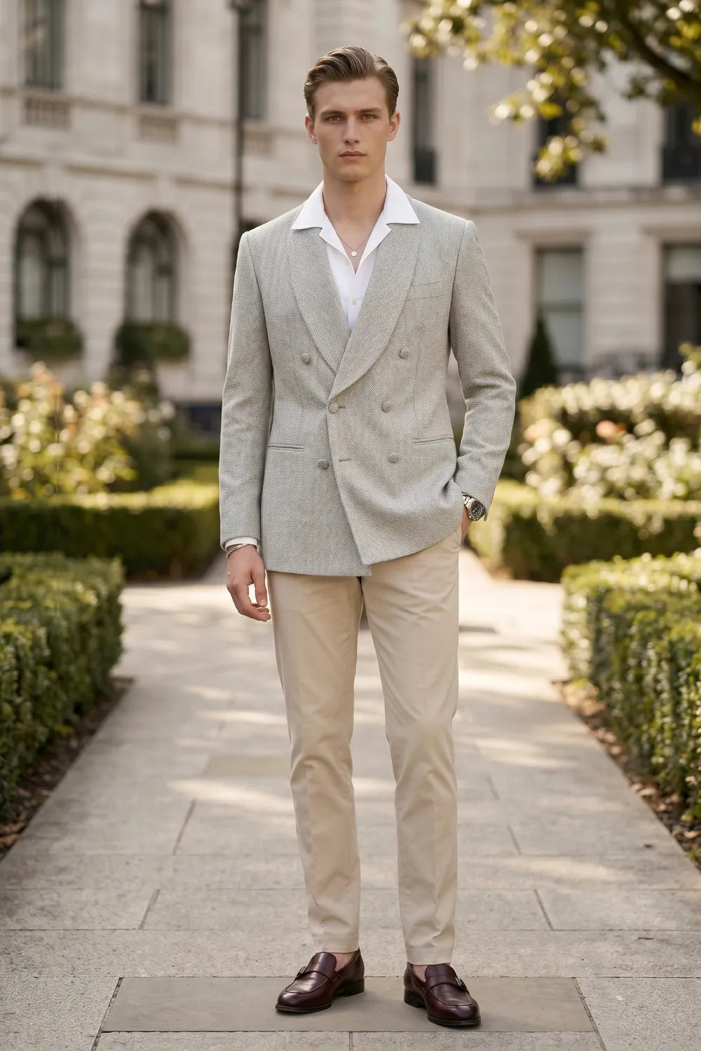 Men's Wide Peak Lapel Herringbone 2 Piece Suit