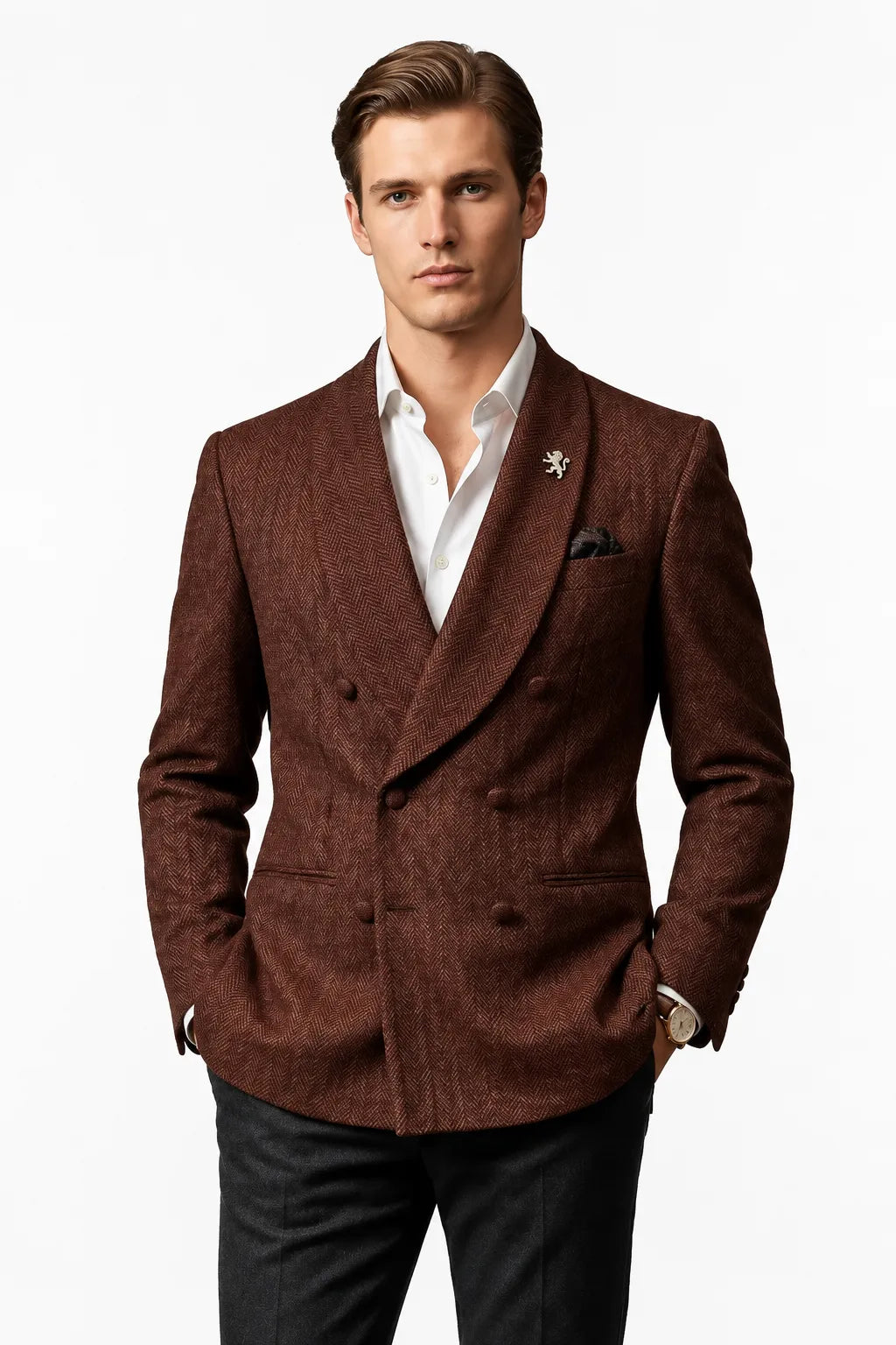Men's Shawl Lapel Herringbone 2 Piece Suit