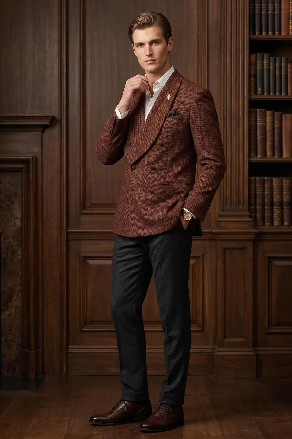 Men's Wide Peak Lapel Herringbone 2 Piece Suit