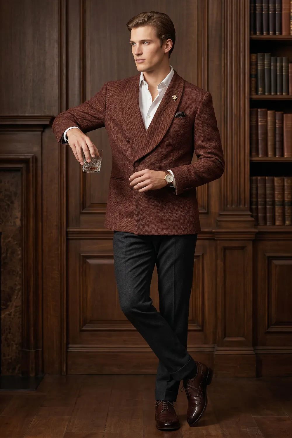 Men's Wide Peak Lapel Herringbone 2 Piece Suit