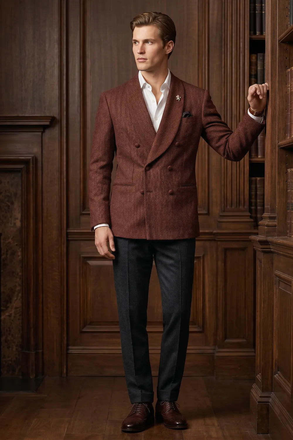 Men's Wide Peak Lapel Herringbone 2 Piece Suit