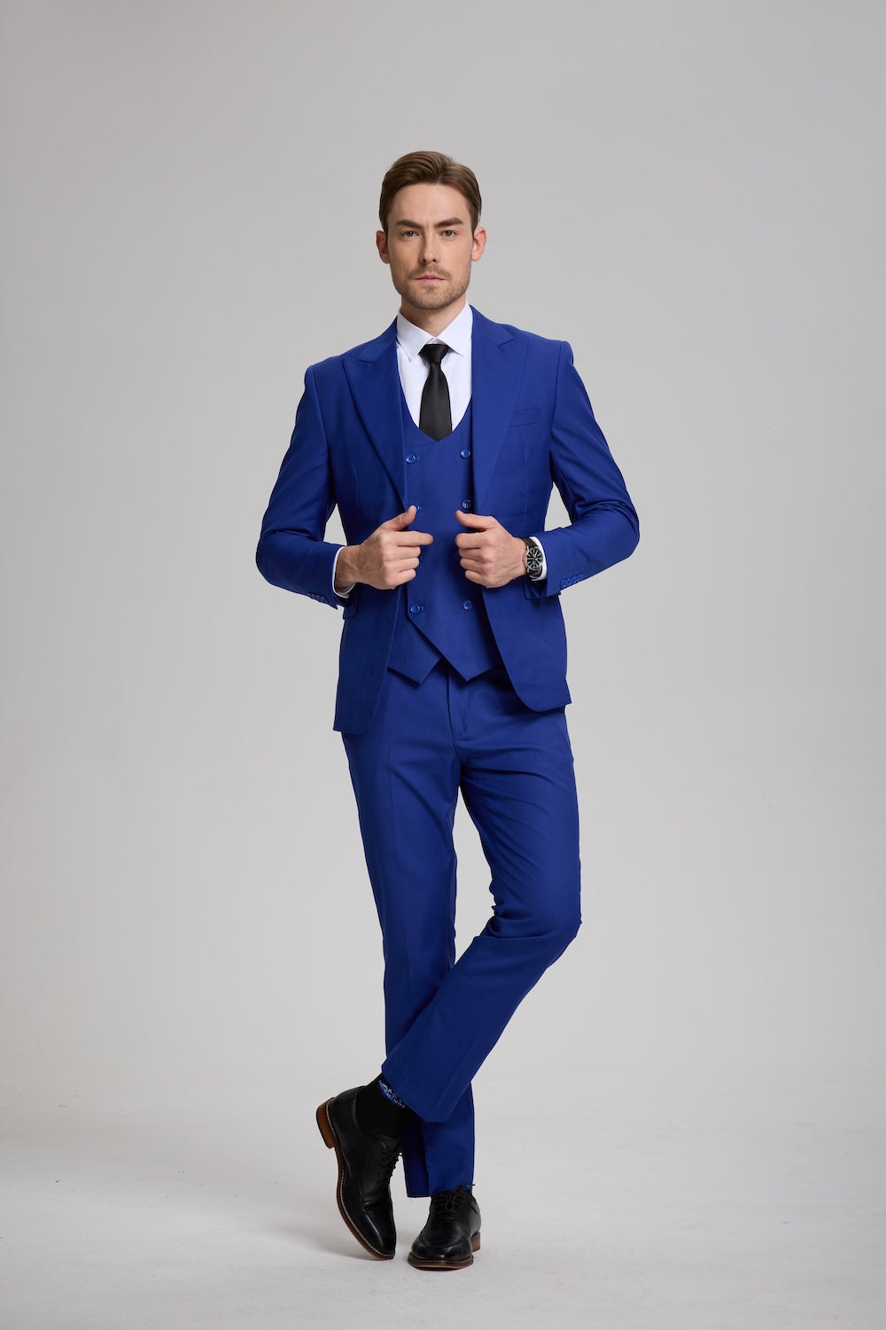 Men's royal blue 3 piece slim fit suit with black tie for formal events