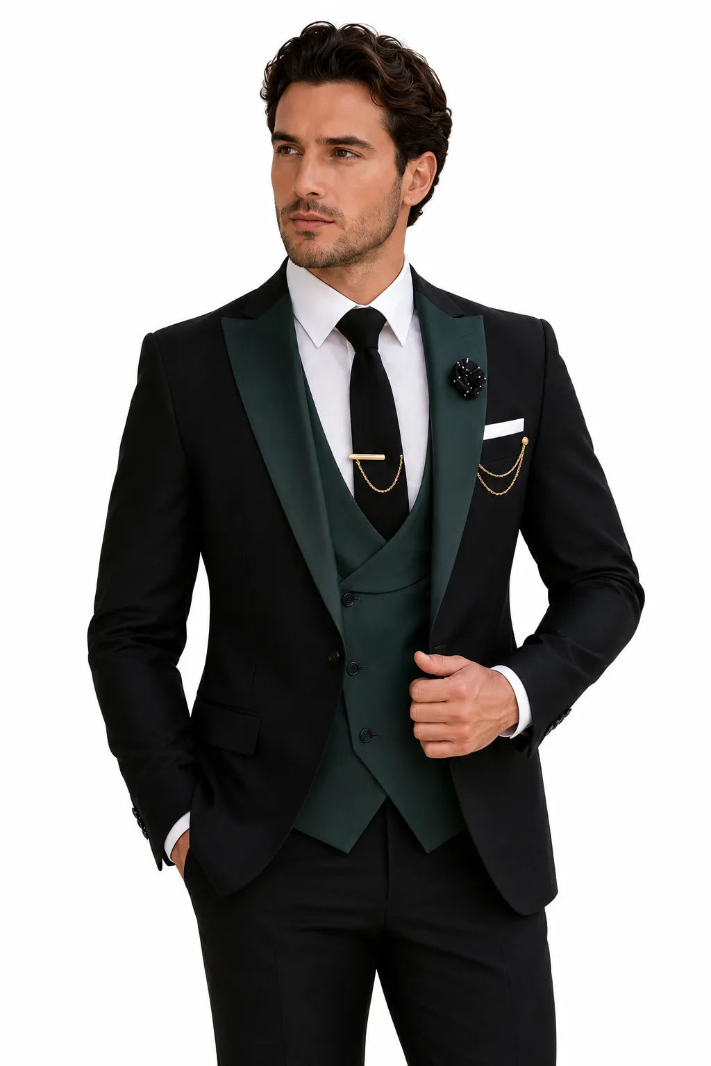 Men's Contrast Notch Lapel 3 Piece Tuxedo Suit