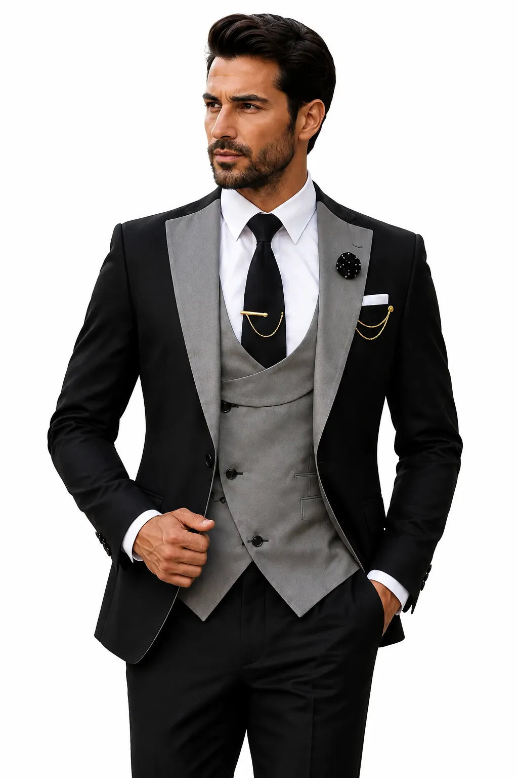Men's Contrast Notch Lapel 3 Piece Tuxedo Suit