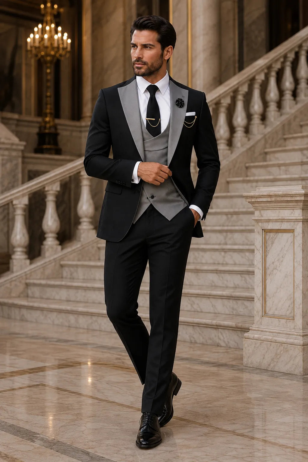 Costume 3 pièces de luxe moderne pour homme avec revers en pointe