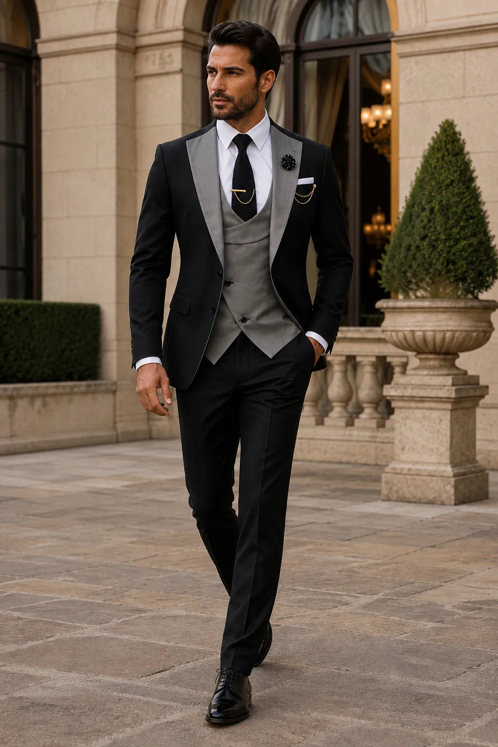 Costume 3 pièces de luxe moderne pour homme avec revers en pointe