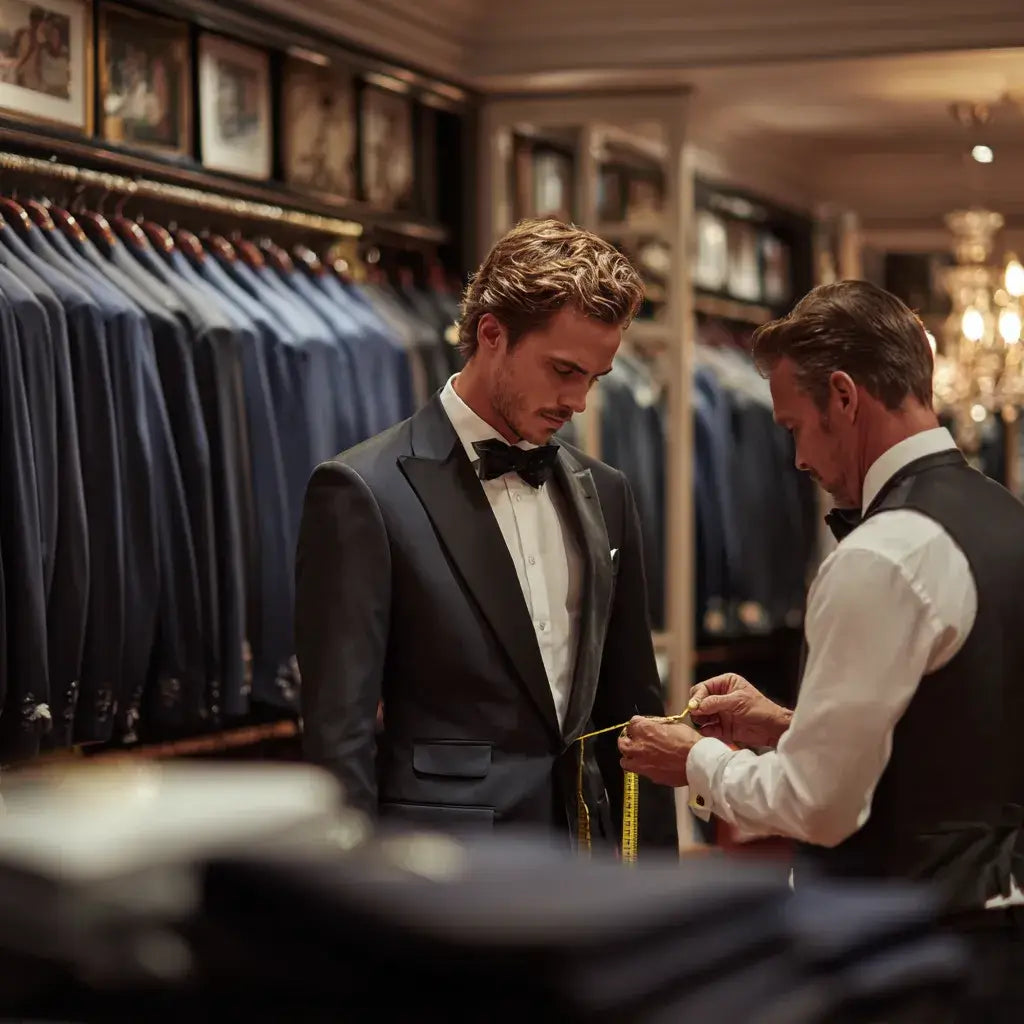 Tailor measuring a young man's prom tuxedo in a menswear shop, showing why fit matters more than price for prom.