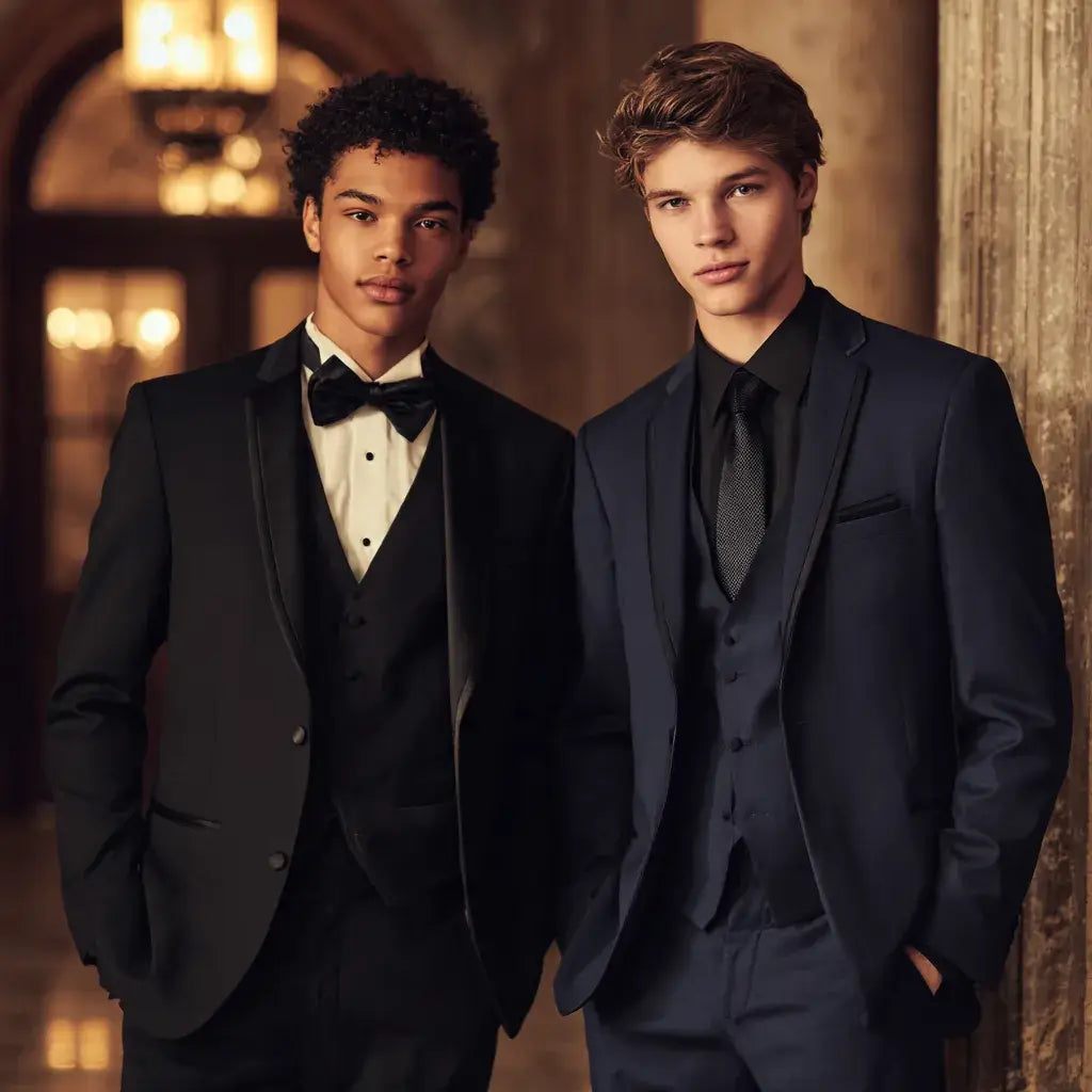 Black prom tuxedo and navy prom suit showing two different levels of prom formality