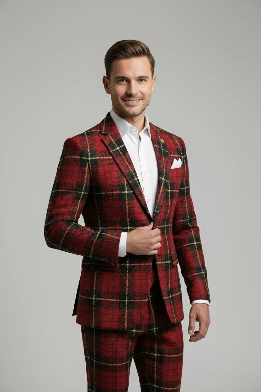 Men's Red Plaid Single Breasted 2 Piece Suit