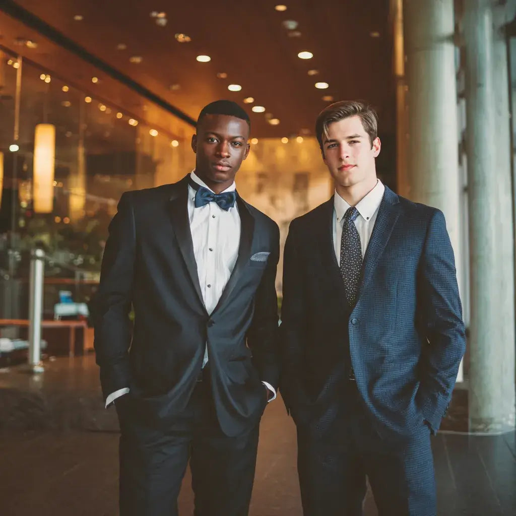 Black prom tuxedo and navy prom suit styled for different prom venue formality