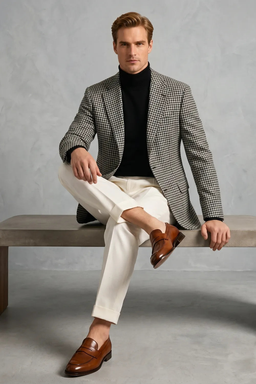 Men's Black And White Check Notch Lapel Blazer