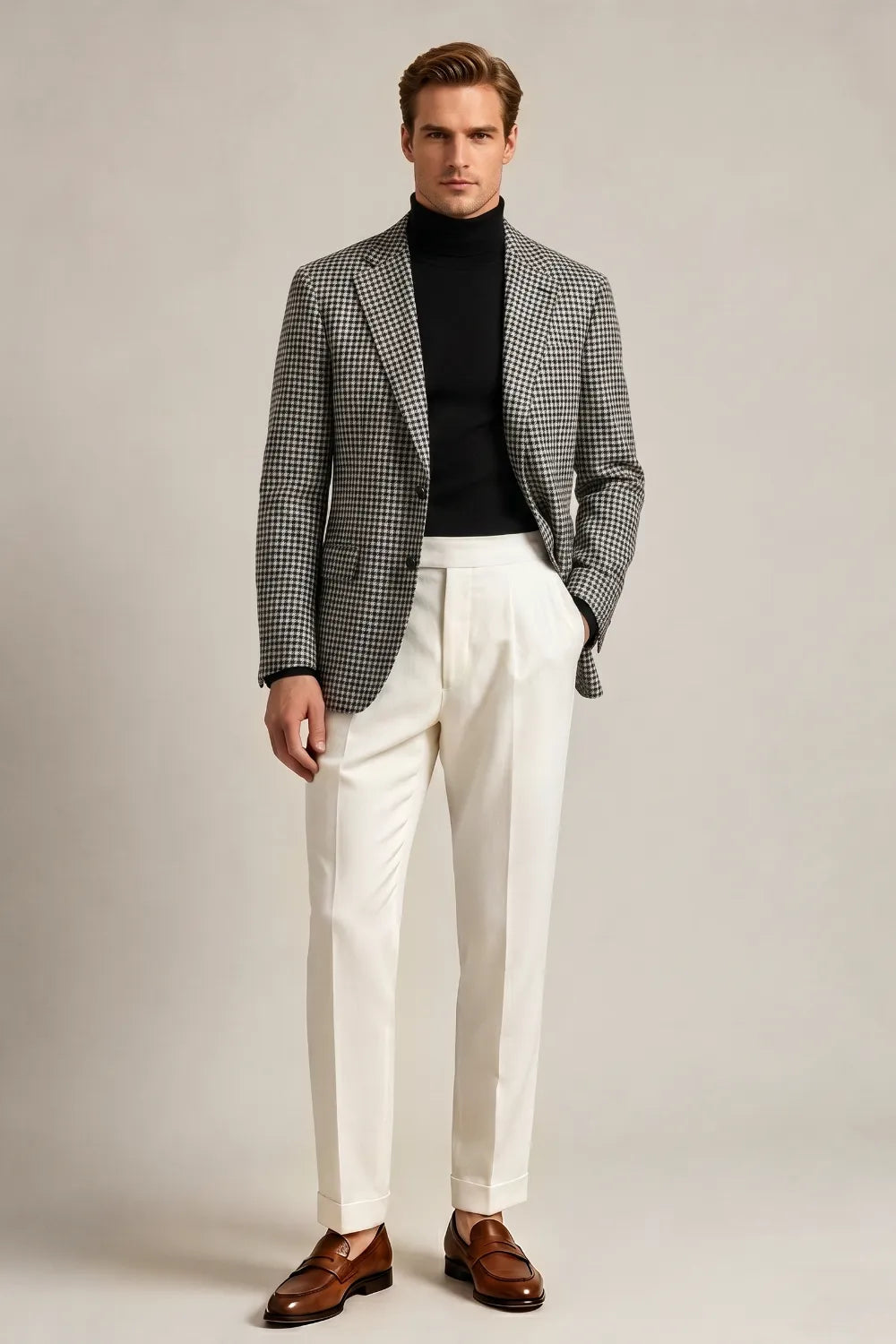 Men's Black And White Check Notch Lapel Blazer