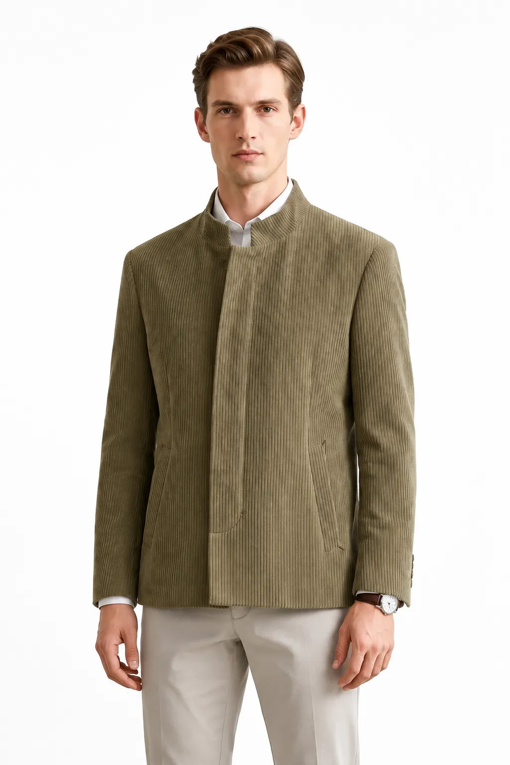 Men's Corduroy Mandarin Collar 2 Piece Suit