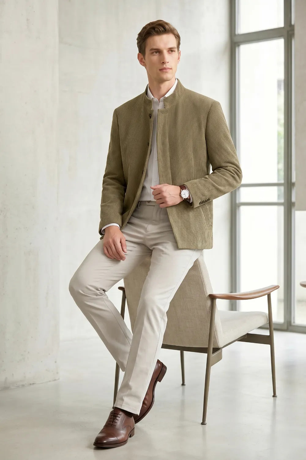 Men's Corduroy Mandarin Collar 2 Piece Suit