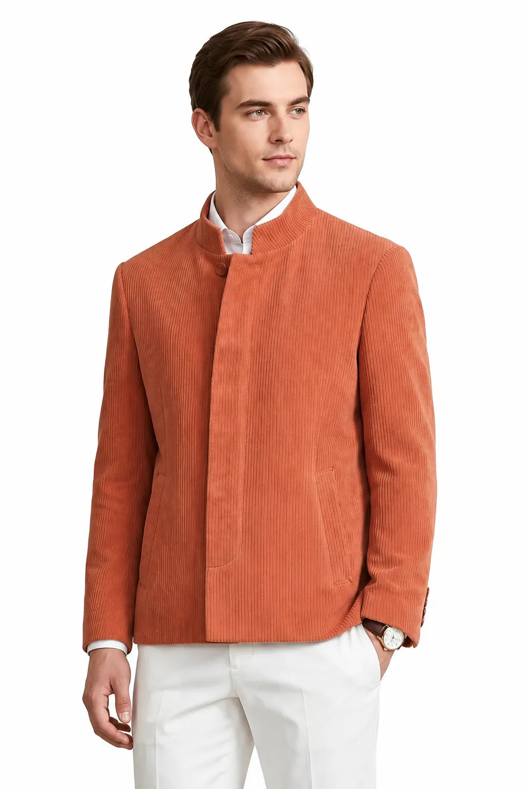 Men's Corduroy Mandarin Collar 2 Piece Suit