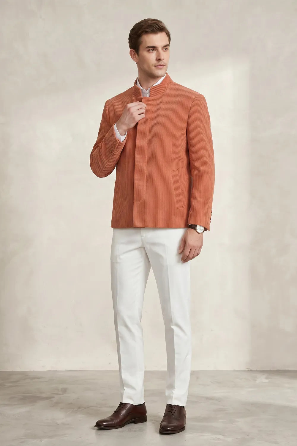 Men's Corduroy Mandarin Collar 2 Piece Suit