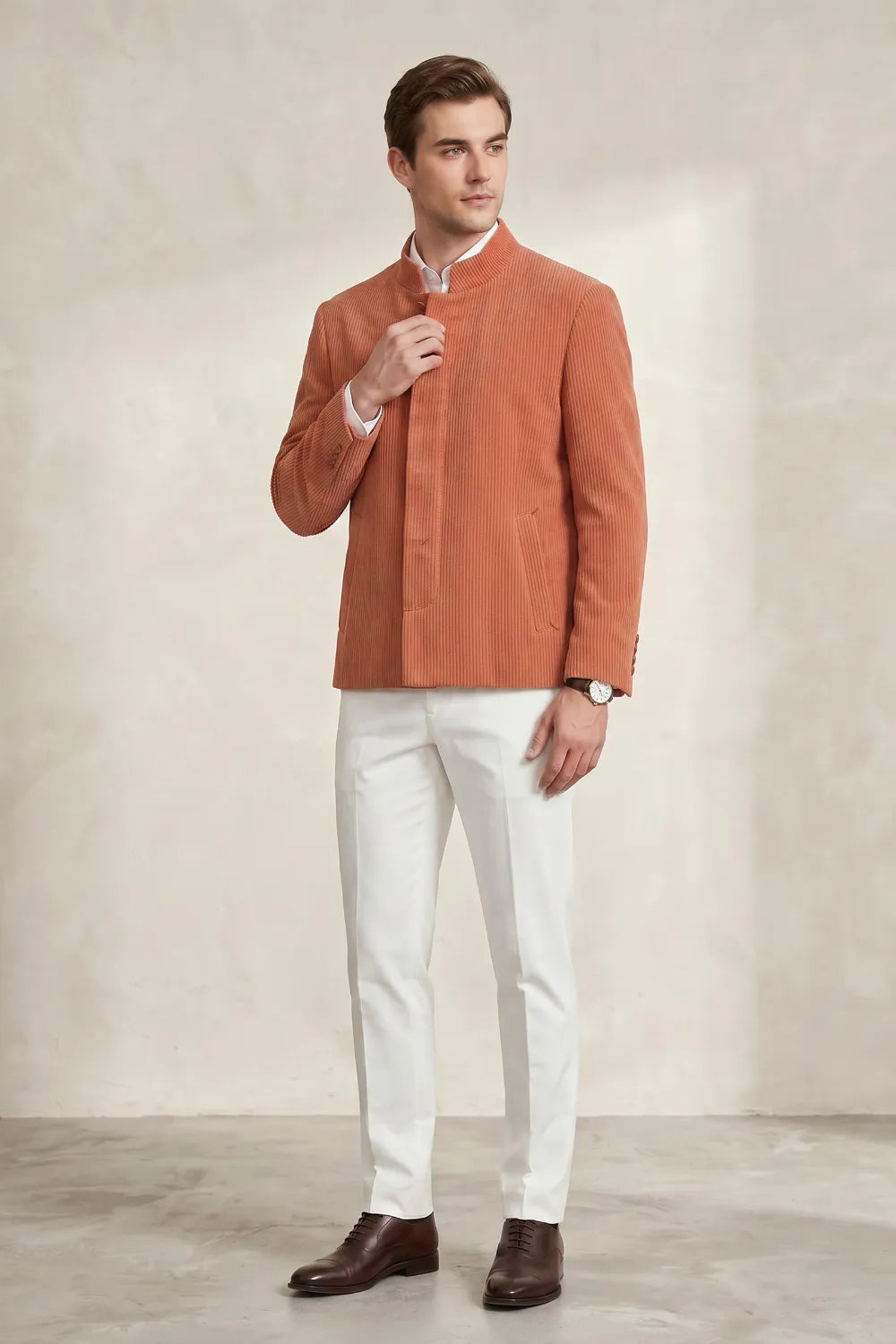 Men's Corduroy Mandarin Collar 2 Piece Suit